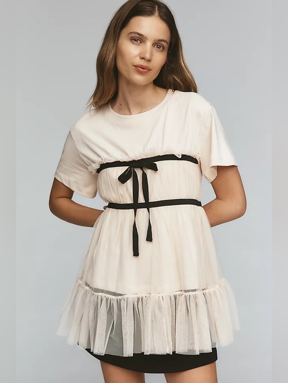 NWT Anthropologie Tiered Bow Tulle Shirt Top Cream Pink